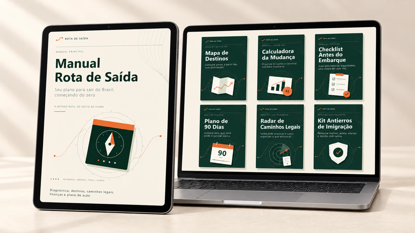 Kit Rota de Saída em formato digital: manual em um tablet e seis bônus na tela de um notebook